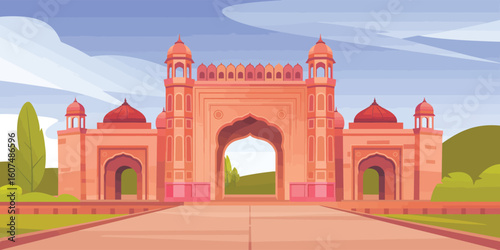 Vector art of a majestic gate stands tall against a backdrop of a cloudy sky