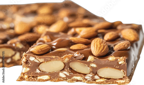Close up shot of an almond brittle bar featuring whole almonds and chocolate food