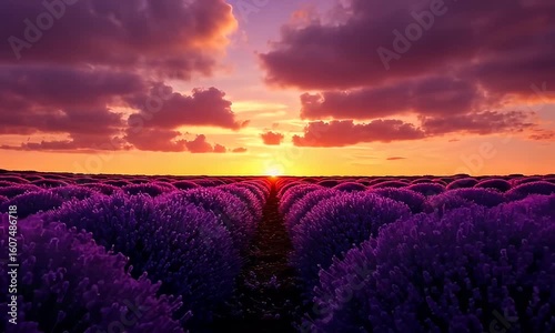 Lavender field meets vibrant sunset with purple and orange sky