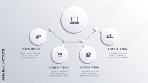 White 3D Four Step Business Infographic Flowchart,  Vector Timeline Template with Icons and Presentation Elements