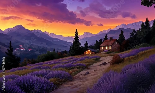 Lavender field view of houses and mountains with a colorful sunset sky above
