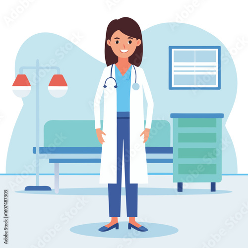 Friendly female doctor in a modern clinic examination room