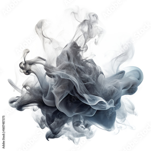 An abstract swirl of dark smoke creates a dynamic and ethereal cloud formation isolated on transparent background