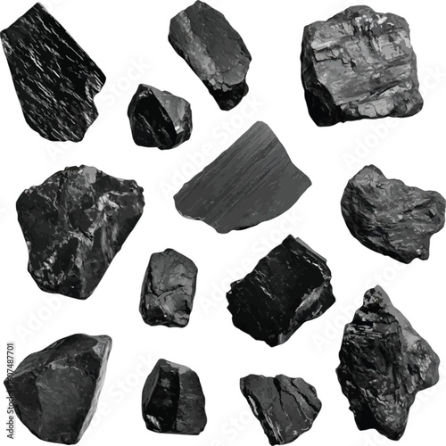 Collection of black rocks and coal pieces dark texture