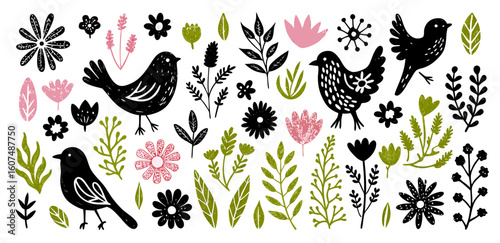 Floral & Bird Folk Art Design Elements: Spring Botanical Illustrations