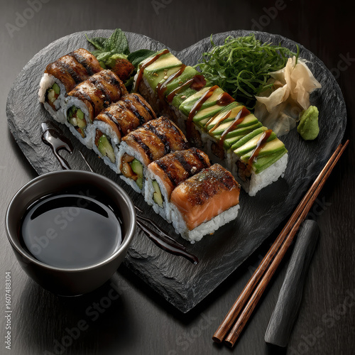 Creative heart shaped sushi platter with soy sauce