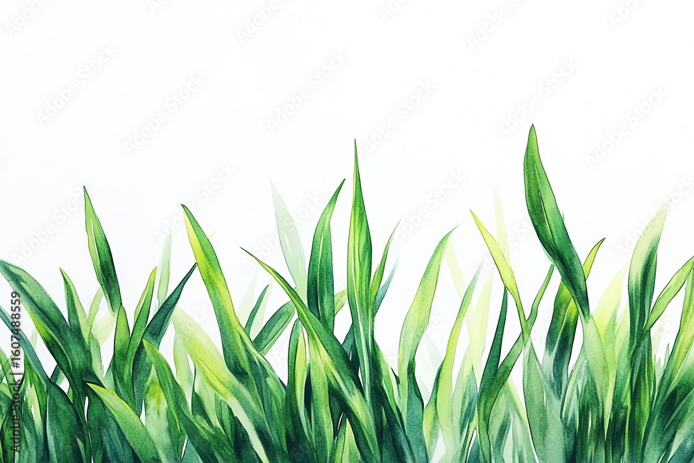 Fototapeta premium A vibrant illustration featuring lush green grass blades against a crisp, white background