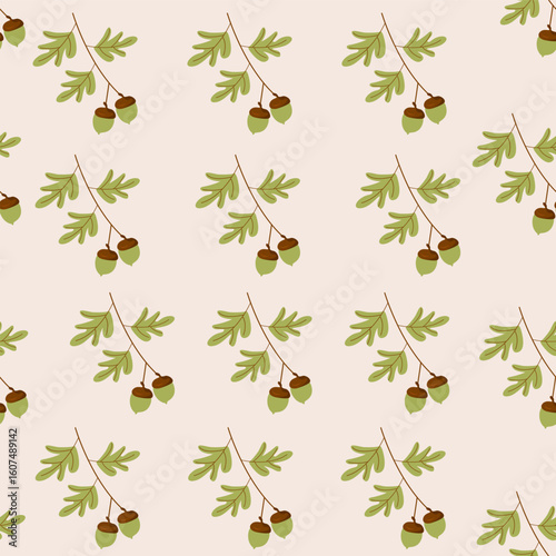 Seamless pattern with acorns and green leaves Background for packaging and gifts Vector illustration