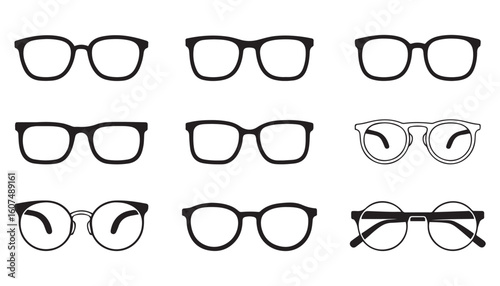 Silhouette and Line Art Glasses Icon Set Stylish Eyewear, Sunglasses, Spectacles, and Optical Frame Vector Collection