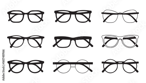 Back View Glasses Icon Set Silhouette and Line Art Eyewear Collection Featuring Nerd, Retro, and Round Frame Vectors