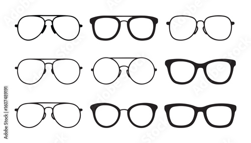 Silhouette and Line Art Glasses Icon Set Stylish Eyewear, Sunglasses, Spectacles, and Optical Frame Vector Collection