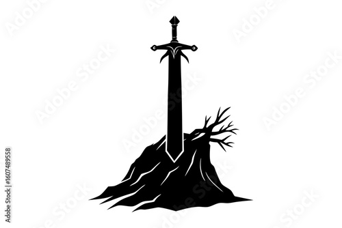 Excalibur sword stone legend medieval fantasy silhouette vector illustration