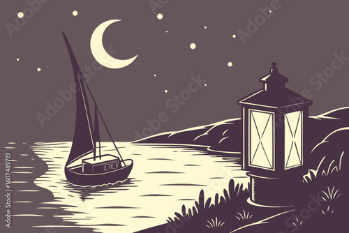  dark night sky, calm ocean, lone lantern floating on water, warm glow, peaceful, serene, atmospheric, dramatic lighting, minimalist, cinematic
