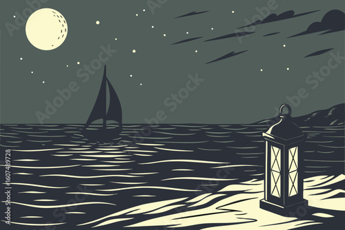  dark night sky, calm ocean, lone lantern floating on water, warm glow, peaceful, serene, atmospheric, dramatic lighting, minimalist, cinematic