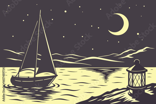  dark night sky, calm ocean, lone lantern floating on water, warm glow, peaceful, serene, atmospheric, dramatic lighting, minimalist, cinematic
