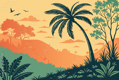  palm tree silhouette at sunset, tropical paradise, orange sky, golden hour, serene landscape, dreamy atmosphere, vibrant colors