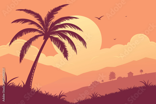  palm tree silhouette at sunset, tropical paradise, orange sky, golden hour, serene landscape, dreamy atmosphere, vibrant colors