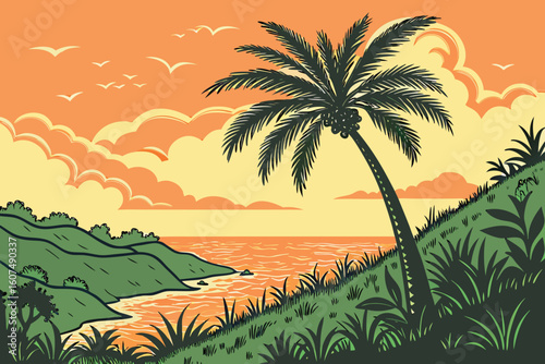  palm tree silhouette at sunset, tropical paradise, orange sky, golden hour, serene landscape, dreamy atmosphere, vibrant colors