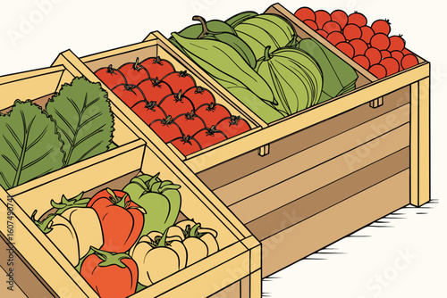  a vibrant display of fresh produce, including a variety of colorful vegetables and fruits arranged on a wooden market stall, lush green leaves, ripe tomatoes, juicy peppers, crisp lettuce, bountifu