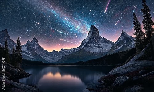 Majestic mountains reflect in a serene lake under a vibrant meteor shower in twilight