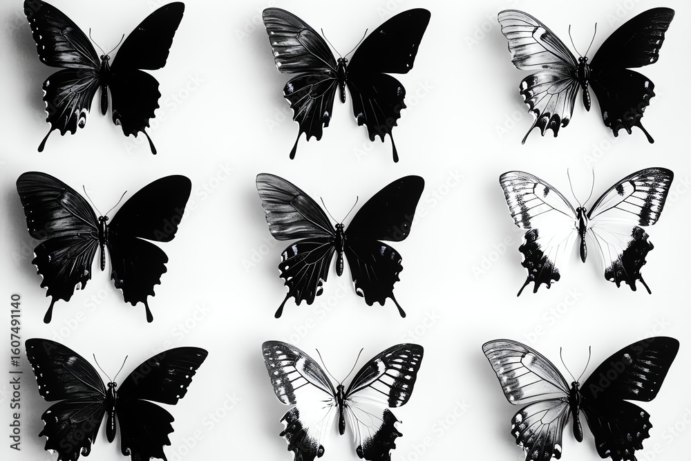 Fototapeta premium Black and white butterflies, various poses