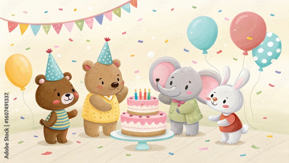 Obraz premium Adorable cartoon animals celebrate birthday with cake and balloons, a delightful scene for kids' parties