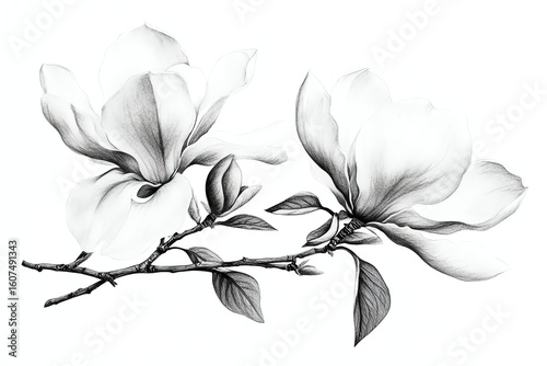 Black and white magnolia flower illustrations