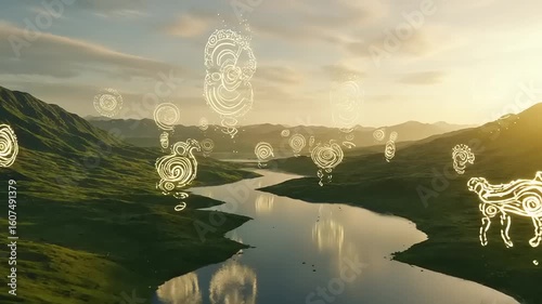 Surreal Landscape with Glowing Symbols over Tranquil River and Green Hills