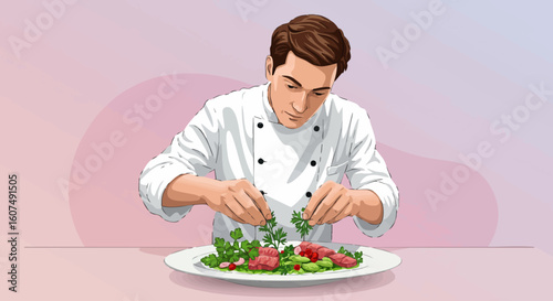 Professional male chef meticulously garnishing a gourmet salad on a plate illustration
