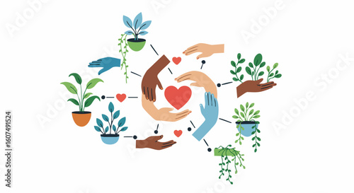 Conceptual illustration of diverse hands connected by a heart, nurturing plants together