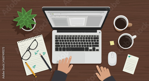 Modern business workspace concept with a person working on a laptop. Top view of an organized wooden desk with coffee and a planner.