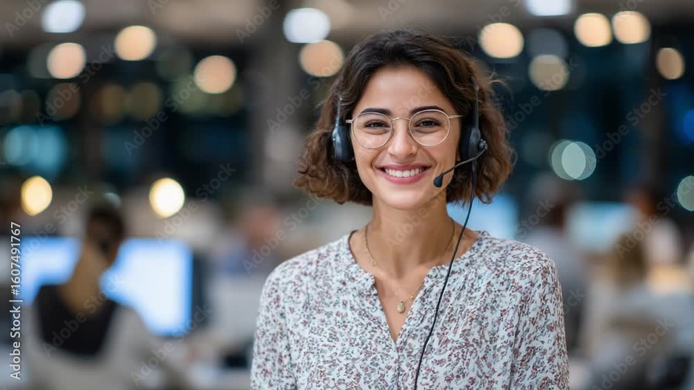 A cheerful Indian call center agent offers support, with CRM software in her glasses and a bustling helpdesk hub in the background. A cheerful Indian call center agent offers support, with CRM software in her glasses and a bustling helpdesk hub in the background.