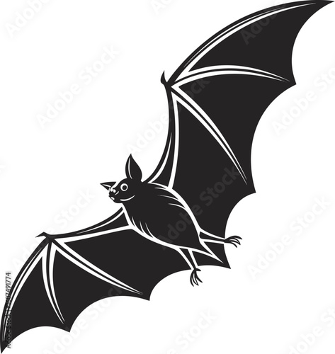 Vector art of a black silhouette of a bat in flight with its wings spread wide