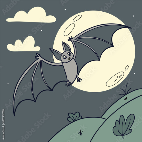 Vector art of a cute cartoon bat flies happily in front of a large full moon at night