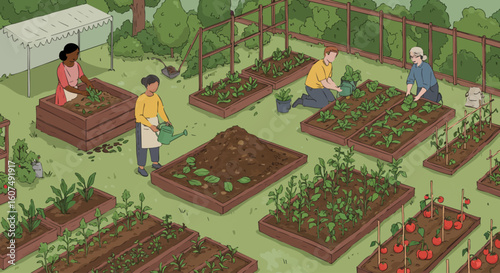 A diverse community of people working together in a vibrant urban garden, planting vegetables and fostering connection.