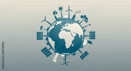 Global energy transition concept with renewable sources and industry icons around the planet Earth.