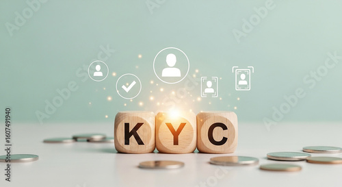 KYC know your customer concept with wooden blocks and identity verification icons for digital onboarding financial authentication and secure user compliance

