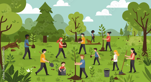Diverse community of volunteers planting trees together in a park for environmental reforestation.