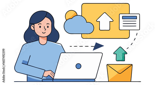Woman using laptop with cloud and email icons computer
