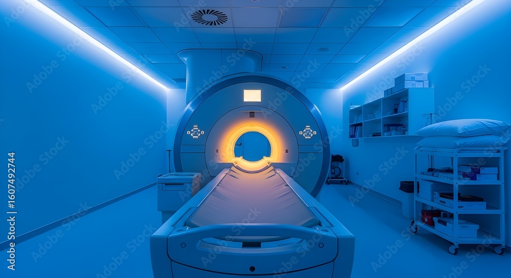 Naklejka premium Blue Lit MRI Scan Room with Medical Equipment