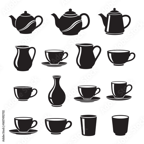 Teapots pitchers cups vases and glasses saucer