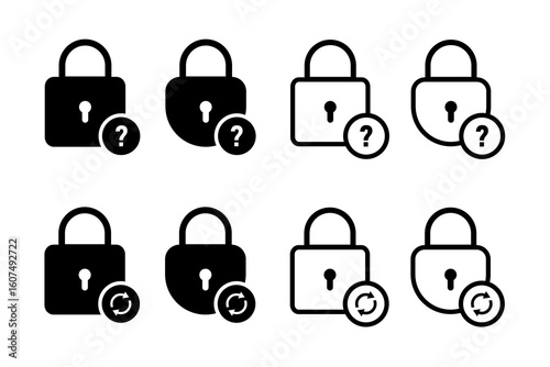 Vector illustration of forgot password and reset icons in filled and outline styles. 