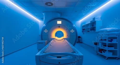 Blue Lit MRI Scan Room with Medical Equipment

