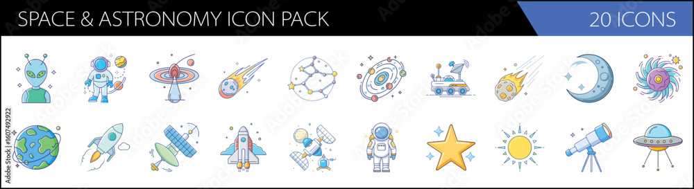 Fototapeta premium Space and astronomy icon pack, 20 icons in flat line style, galaxy and universe exploration symbols, astronaut and rocket ship vector set