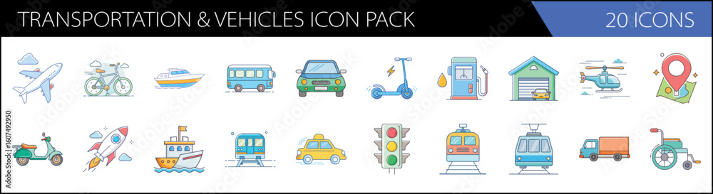 Naklejka premium Transportation and vehicles icon pack, 20 flat line vector icons of cars, planes, and ships, modern travel and logistics symbols for web design
