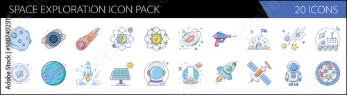 Space exploration icon pack with 20 vector elements, galaxy and astronomy line art symbols, cosmic science and astronaut icons for web design