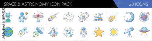 Space and astronomy icon pack, 20 icons in flat line style, galaxy and universe exploration symbols, astronaut and rocket ship vector set