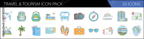 Travel and tourism icon pack with 20 vector elements, flat vacation symbols for summer holiday planning, blue and orange adventure graphics