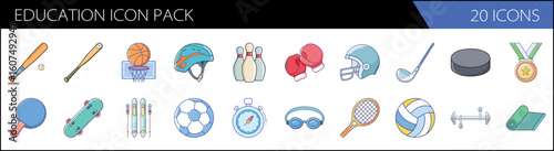 Education icon pack with 20 sports icons, flat vector sports equipment collection, athletic gear and physical education symbols for school
