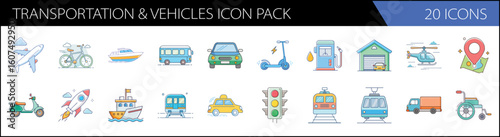 Transportation and vehicles icon pack, 20 flat line vector icons of cars, planes, and ships, modern travel and logistics symbols for web design